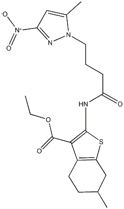 ethyl 2-[(4-{3-nitro-5-methyl-1H-pyrazol-1-yl}butanoyl)amino]-6-methyl-4,5,6,7-tetrahydro-1-benzothiophene-3-carboxylate Struktur