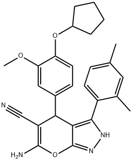 6-amino-4-[4-(cyclopentyloxy)-3-methoxyphenyl]-3-(2,4-dimethylphenyl)-2,4-dihydropyrano[2,3-c]pyrazole-5-carbonitrile Struktur