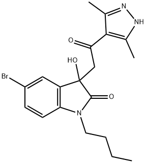 5-bromo-1-butyl-3-[2-(3,5-dimethyl-1H-pyrazol-4-yl)-2-oxoethyl]-3-hydroxy-1,3-dihydro-2H-indol-2-one Struktur