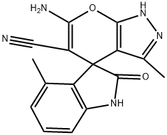 6'-amino-3',4-dimethyl-2-oxo-1,1',3,4'-tetrahydrospiro(2H-indole-3,4'-pyrano[2,3-c]pyrazole)-5'-carbonitrile Struktur