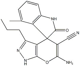 6'-amino-3'-propyl-4-methyl-2-oxo-1,1',3,4'-tetrahydrospiro(2H-indole-3,4'-pyrano[2,3-c]pyrazole)-5'-carbonitrile Struktur