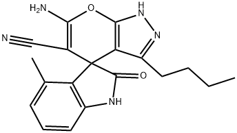 6'-amino-3'-butyl-4-methyl-2-oxo-1,1',3,4'-tetrahydrospiro(2H-indole-3,4'-pyrano[2,3-c]pyrazole)-5'-carbonitrile Struktur