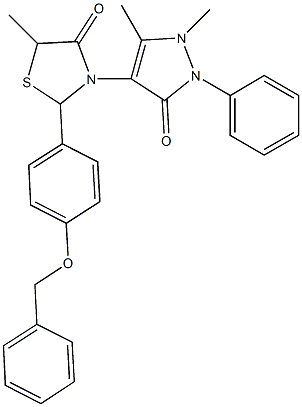 2-[4-(benzyloxy)phenyl]-3-(1,5-dimethyl-3-oxo-2-phenyl-2,3-dihydro-1H-pyrazol-4-yl)-5-methyl-1,3-thiazolidin-4-one Struktur