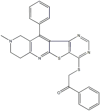 2-[(9-methyl-11-phenyl-7,8,9,10-tetrahydropyrimido[4',5':4,5]thieno[2,3-b][1,6]naphthyridin-4-yl)sulfanyl]-1-phenylethanone Struktur