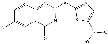 7-chloro-2-({5-nitro-1,3-thiazol-2-yl}sulfanyl)-4H-pyrido[1,2-a][1,3,5]triazin-4-one Struktur