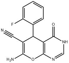 7-amino-5-(2-fluorophenyl)-4-hydroxy-5H-pyrano[2,3-d]pyrimidine-6-carbonitrile Struktur