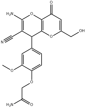 2-{4-[2-amino-3-cyano-6-(hydroxymethyl)-8-oxo-4,8-dihydropyrano[3,2-b]pyran-4-yl]-2-methoxyphenoxy}acetamide Struktur