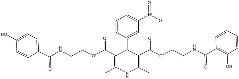 3-{2-[(2-hydroxybenzoyl)amino]ethyl} 5-{2-[(4-hydroxybenzoyl)amino]ethyl} 4-{3-nitrophenyl}-2,6-dimethyl-1,4-dihydro-3,5-pyridinedicarboxylate Struktur