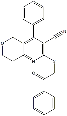 2-[(2-oxo-2-phenylethyl)sulfanyl]-4-phenyl-7,8-dihydro-5H-pyrano[4,3-b]pyridine-3-carbonitrile Struktur