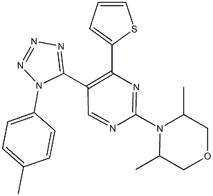 3,5-dimethyl-4-[5-[1-(4-methylphenyl)-1H-tetraazol-5-yl]-4-(2-thienyl)-2-pyrimidinyl]morpholine Struktur