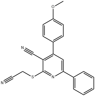 2-[(cyanomethyl)sulfanyl]-4-(4-methoxyphenyl)-6-phenylnicotinonitrile Struktur