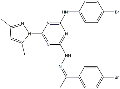 1-(4-bromophenyl)ethanone [4-(4-bromoanilino)-6-(3,5-dimethyl-1H-pyrazol-1-yl)-1,3,5-triazin-2-yl]hydrazone Struktur