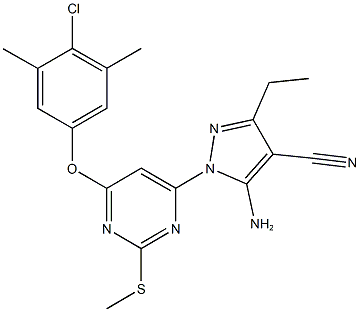 5-amino-1-[6-(4-chloro-3,5-dimethylphenoxy)-2-(methylsulfanyl)-4-pyrimidinyl]-3-ethyl-1H-pyrazole-4-carbonitrile Struktur