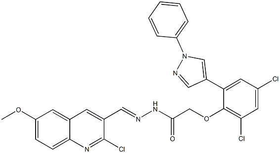 N'-[(2-chloro-6-methoxy-3-quinolinyl)methylene]-2-[2,4-dichloro-6-(1-phenyl-1H-pyrazol-4-yl)phenoxy]acetohydrazide Struktur