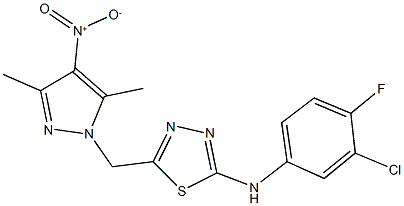 2-(3-chloro-4-fluoroanilino)-5-({4-nitro-3,5-dimethyl-1H-pyrazol-1-yl}methyl)-1,3,4-thiadiazole Struktur