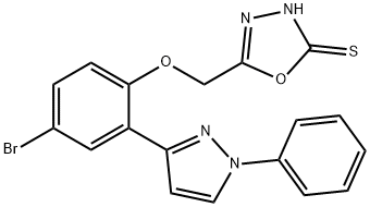 5-{[4-bromo-2-(1-phenyl-1H-pyrazol-3-yl)phenoxy]methyl}-1,3,4-oxadiazol-2-yl hydrosulfide Struktur