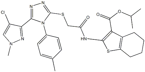 isopropyl 2-[({[5-(4-chloro-1-methyl-1H-pyrazol-3-yl)-4-(4-methylphenyl)-4H-1,2,4-triazol-3-yl]sulfanyl}acetyl)amino]-4,5,6,7-tetrahydro-1-benzothiophene-3-carboxylate Struktur