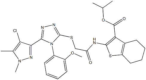 isopropyl 2-[({[5-(4-chloro-1,5-dimethyl-1H-pyrazol-3-yl)-4-(2-methoxyphenyl)-4H-1,2,4-triazol-3-yl]sulfanyl}acetyl)amino]-4,5,6,7-tetrahydro-1-benzothiophene-3-carboxylate Struktur