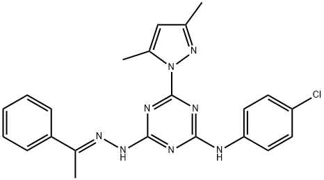 1-phenylethanone [4-(4-chloroanilino)-6-(3,5-dimethyl-1H-pyrazol-1-yl)-1,3,5-triazin-2-yl]hydrazone Struktur