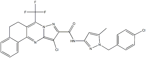 11-chloro-N-[1-(4-chlorobenzyl)-5-methyl-1H-pyrazol-3-yl]-7-(trifluoromethyl)-5,6-dihydrobenzo[h]pyrazolo[5,1-b]quinazoline-10-carboxamide Struktur