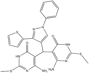 6-amino-5-{[4-amino-2-(methylsulfanyl)-6-oxo-1,6-dihydro-5-pyrimidinyl][1-phenyl-3-(2-thienyl)-1H-pyrazol-4-yl]methyl}-2-(methylsulfanyl)-4(3H)-pyrimidinone Struktur