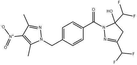 3,5-bis(difluoromethyl)-1-[4-({4-nitro-3,5-dimethyl-1H-pyrazol-1-yl}methyl)benzoyl]-4,5-dihydro-1H-pyrazol-5-ol Struktur