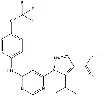 methyl 5-isopropyl-1-{6-[4-(trifluoromethoxy)anilino]-4-pyrimidinyl}-1H-pyrazole-4-carboxylate Struktur