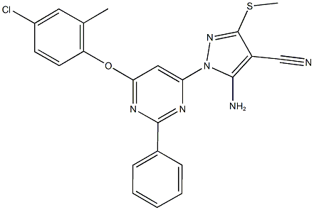 5-amino-1-[6-(4-chloro-2-methylphenoxy)-2-phenylpyrimidin-4-yl]-3-(methylthio)-1H-pyrazole-4-carbonitrile Struktur