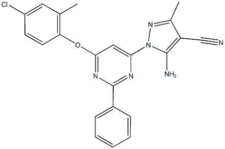 5-amino-1-[6-(4-chloro-2-methylphenoxy)-2-phenylpyrimidin-4-yl]-3-methyl-1H-pyrazole-4-carbonitrile Struktur