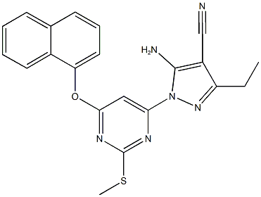 5-amino-3-ethyl-1-[2-(methylsulfanyl)-6-(1-naphthyloxy)-4-pyrimidinyl]-1H-pyrazole-4-carbonitrile Struktur