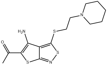 1-(4-amino-3-{[2-(1-piperidinyl)ethyl]sulfanyl}thieno[2,3-c]isothiazol-5-yl)ethanone Struktur