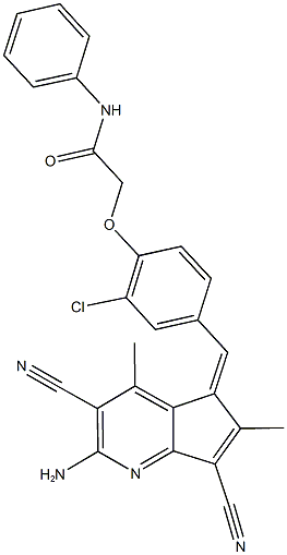 2-{4-[(2-amino-3,7-dicyano-4,6-dimethyl-5H-cyclopenta[b]pyridin-5-ylidene)methyl]-2-chlorophenoxy}-N-phenylacetamide Struktur