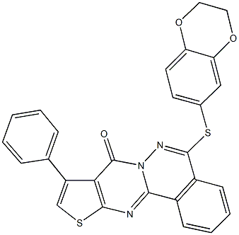 5-(2,3-dihydro-1,4-benzodioxin-6-ylsulfanyl)-9-phenyl-8H-thieno[2',3':4,5]pyrimido[2,1-a]phthalazin-8-one Struktur