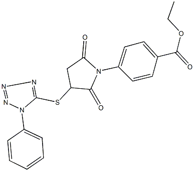 ethyl 4-{2,5-dioxo-3-[(1-phenyl-1H-tetraazol-5-yl)sulfanyl]pyrrolidin-1-yl}benzoate Struktur