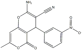 2-amino-4-{3-nitrophenyl}-7-methyl-5-oxo-4H,5H-pyrano[4,3-b]pyran-3-carbonitrile Struktur