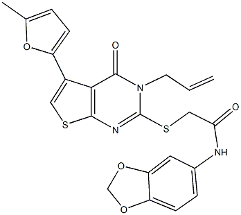 2-{[3-allyl-5-(5-methyl-2-furyl)-4-oxo-3,4-dihydrothieno[2,3-d]pyrimidin-2-yl]sulfanyl}-N-(1,3-benzodioxol-5-yl)acetamide Struktur