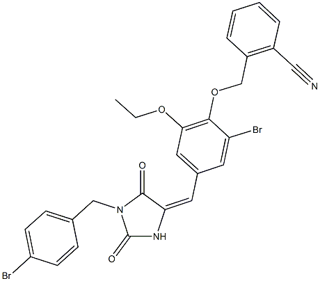 2-[(2-bromo-4-{[1-(4-bromobenzyl)-2,5-dioxo-4-imidazolidinylidene]methyl}-6-ethoxyphenoxy)methyl]benzonitrile Struktur