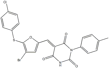 5-({4-bromo-5-[(4-chlorophenyl)sulfanyl]-2-furyl}methylene)-1-(4-methylphenyl)-2,4,6(1H,3H,5H)-pyrimidinetrione Struktur