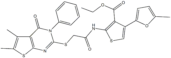 ethyl 2-({[(5,6-dimethyl-4-oxo-3-phenyl-3,4-dihydrothieno[2,3-d]pyrimidin-2-yl)sulfanyl]acetyl}amino)-4-(5-methyl-2-furyl)-3-thiophenecarboxylate Struktur