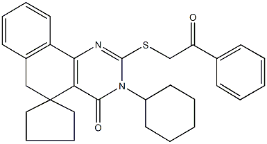 3-cyclohexyl-2-[(2-oxo-2-phenylethyl)sulfanyl]-5,6-dihydrospiro(benzo[h]quinazoline-5,1'-cyclopentane)-4(3H)-one Struktur