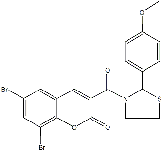 6,8-dibromo-3-{[2-(4-methoxyphenyl)-1,3-thiazolidin-3-yl]carbonyl}-2H-chromen-2-one Struktur