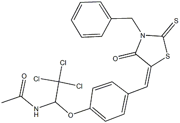 N-(1-{4-[(3-benzyl-4-oxo-2-thioxo-1,3-thiazolidin-5-ylidene)methyl]phenoxy}-2,2,2-trichloroethyl)acetamide Struktur