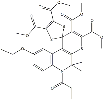 tetramethyl 9-ethoxy-5,5-dimethyl-6-propionyl-5,6-dihydrospiro(1H-thiopyrano[2,3-c]quinoline-1,2'-[1,3]-dithiole)-2,3,4',5'-tetracarboxylate Struktur