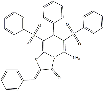 5-amino-2-benzylidene-7-phenyl-6,8-bis(phenylsulfonyl)-7H-[1,3]thiazolo[3,2-a]pyridin-3(2H)-one Struktur