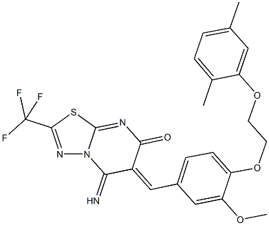 6-{4-[2-(2,5-dimethylphenoxy)ethoxy]-3-methoxybenzylidene}-5-imino-2-(trifluoromethyl)-5,6-dihydro-7H-[1,3,4]thiadiazolo[3,2-a]pyrimidin-7-one Struktur