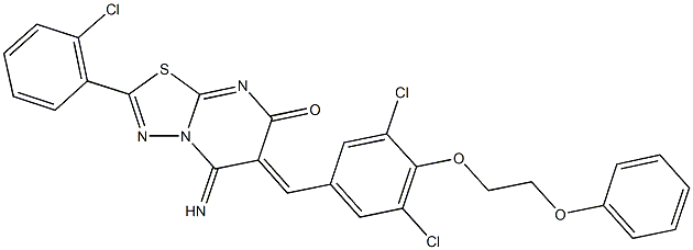 2-(2-chlorophenyl)-6-[3,5-dichloro-4-(2-phenoxyethoxy)benzylidene]-5-imino-5,6-dihydro-7H-[1,3,4]thiadiazolo[3,2-a]pyrimidin-7-one Struktur