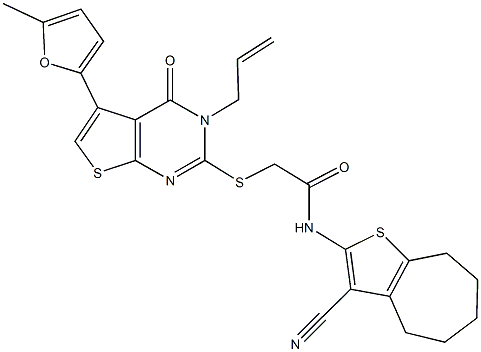 2-{[3-allyl-5-(5-methyl-2-furyl)-4-oxo-3,4-dihydrothieno[2,3-d]pyrimidin-2-yl]sulfanyl}-N-(3-cyano-5,6,7,8-tetrahydro-4H-cyclohepta[b]thien-2-yl)acetamide Struktur