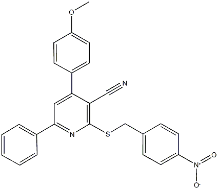 2-({4-nitrobenzyl}sulfanyl)-4-(4-methoxyphenyl)-6-phenylnicotinonitrile Struktur