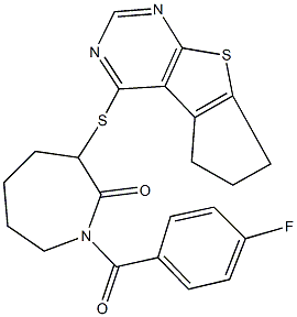 3-(6,7-dihydro-5H-cyclopenta[4,5]thieno[2,3-d]pyrimidin-4-ylsulfanyl)-1-(4-fluorobenzoyl)-2-azepanone Struktur