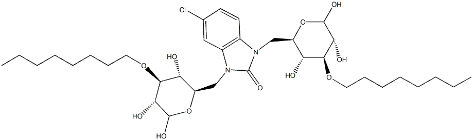 5-chloro-1,3-bis{[3,5,6-trihydroxy-4-(octyloxy)tetrahydro-2H-pyran-2-yl]methyl}-1,3-dihydro-2H-benzimidazol-2-one Struktur